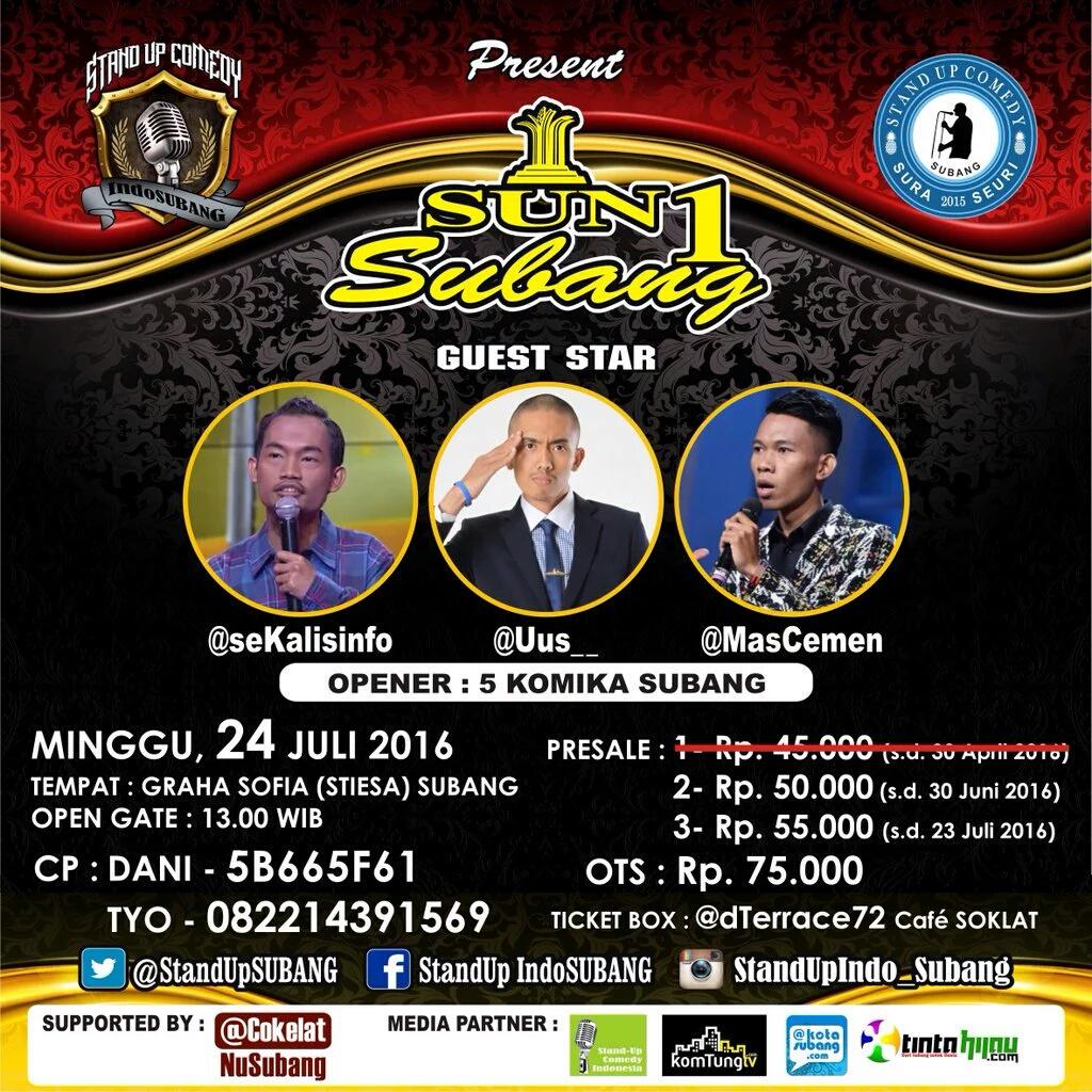 subangtalkcom's tweet photo. Subang punya apa? Subang punya @StandUpSUBANG yg mau ngadain #SUN1SBG! Bakal ada @Uus__ @MasCemen @seKalisinfo. https://t.co/8vRvol19YS