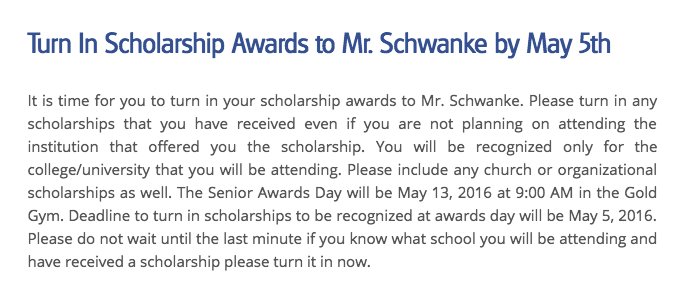 Buckhorn_High's tweet photo. Tomorrow (May 5th) is the DEADLINE to turn in scholarship offers to Mr. Schwanke!!! @Buckhorn2016 https://t.co/60pj6V1TxF