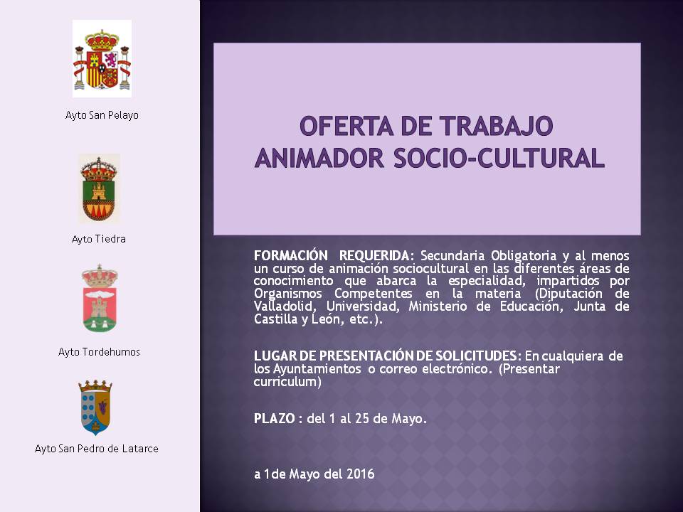 VirginiaHGZ's tweet photo. Oferta de #empleo de los Aytos de #SanPelayo #Tiedra #Tordehumos #SanPedroDeLatarce. ¡Difunde! https://t.co/2XXnXuhNt4