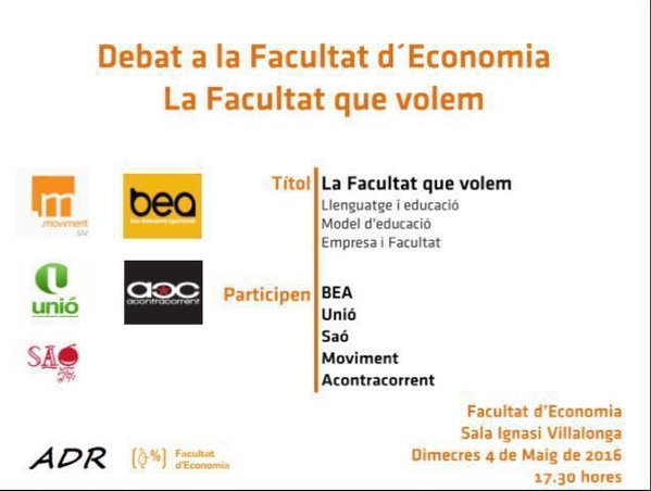 Aquesta vesprada a les 17:30 h a la <a href="/FdEconomiaUV/">Facultat d'Economia</a> debatim amb altres associacions. Acosta't i participa!