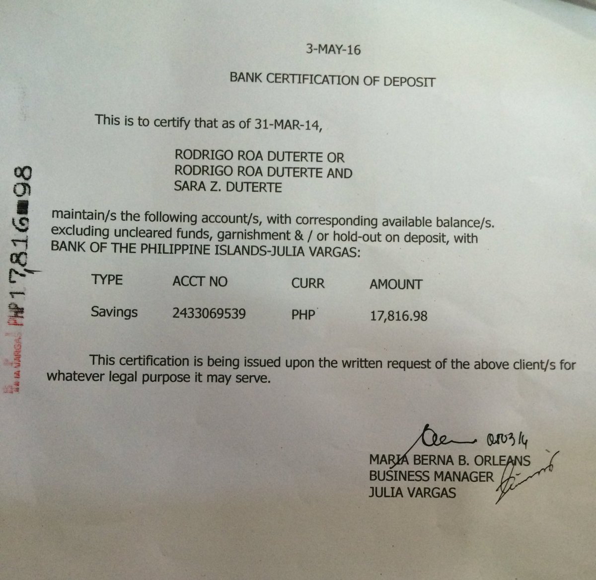 Bank Certificate