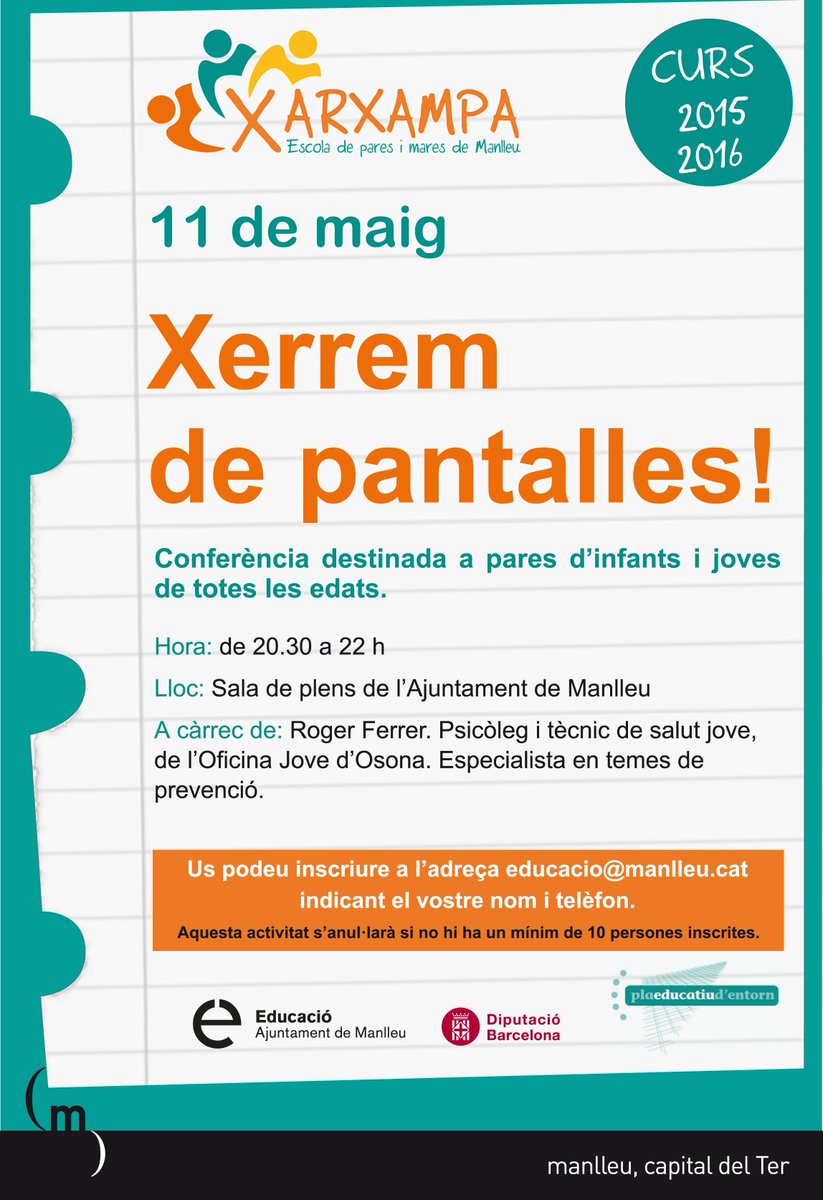 DracOsona's tweet photo. Inscripció oberta! Conferència Xarxampa “Xerrem de pantalles” 11/05 a les 20.30h https://t.co/GKie98gNnv @ajManlleu https://t.co/Qz86IUcfch