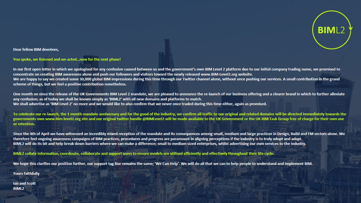 BIML2uk's tweet photo. On the 1 month anniversary of the UK #BIMLevel2 mandate we provide our 2nd open letter 2 to all #BIM devotees! https://t.co/IXwWMKbaub