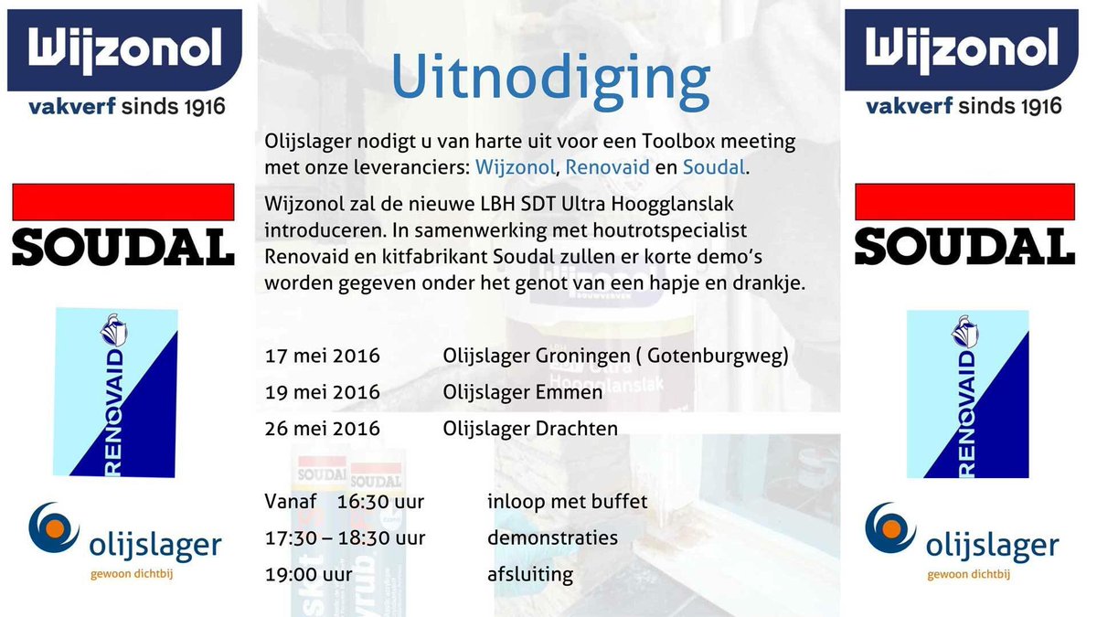 RT <a href="/OlijslagerVerf/">Olijslager Verf BV</a>: Kom naar een van onze Duurzaamheids Toolboxen met <a href="/Wijzonol/">Wijzonol</a> <a href="/Renovaid1/">Renovaid</a>.