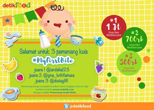 detikfood's tweet photo. Inilah pemenang kuis #myfirstbite. Selamat ya @ardelia123 @gna_luthfiatusa @dwisyilfi ;) https://t.co/BnuHJgQRzV