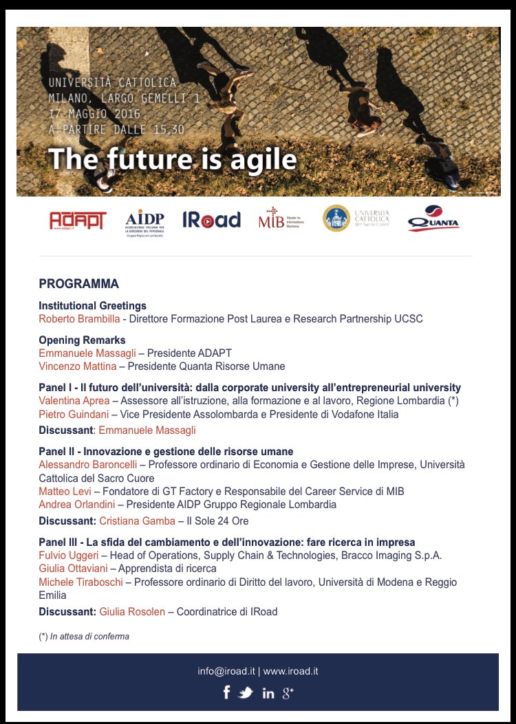 GiuliaRosolen's tweet image. The future is agile-Vi aspettiamo il 17 maggio @Unicatt per presentarvi il nostro progetto @IRoadIT #startiroad