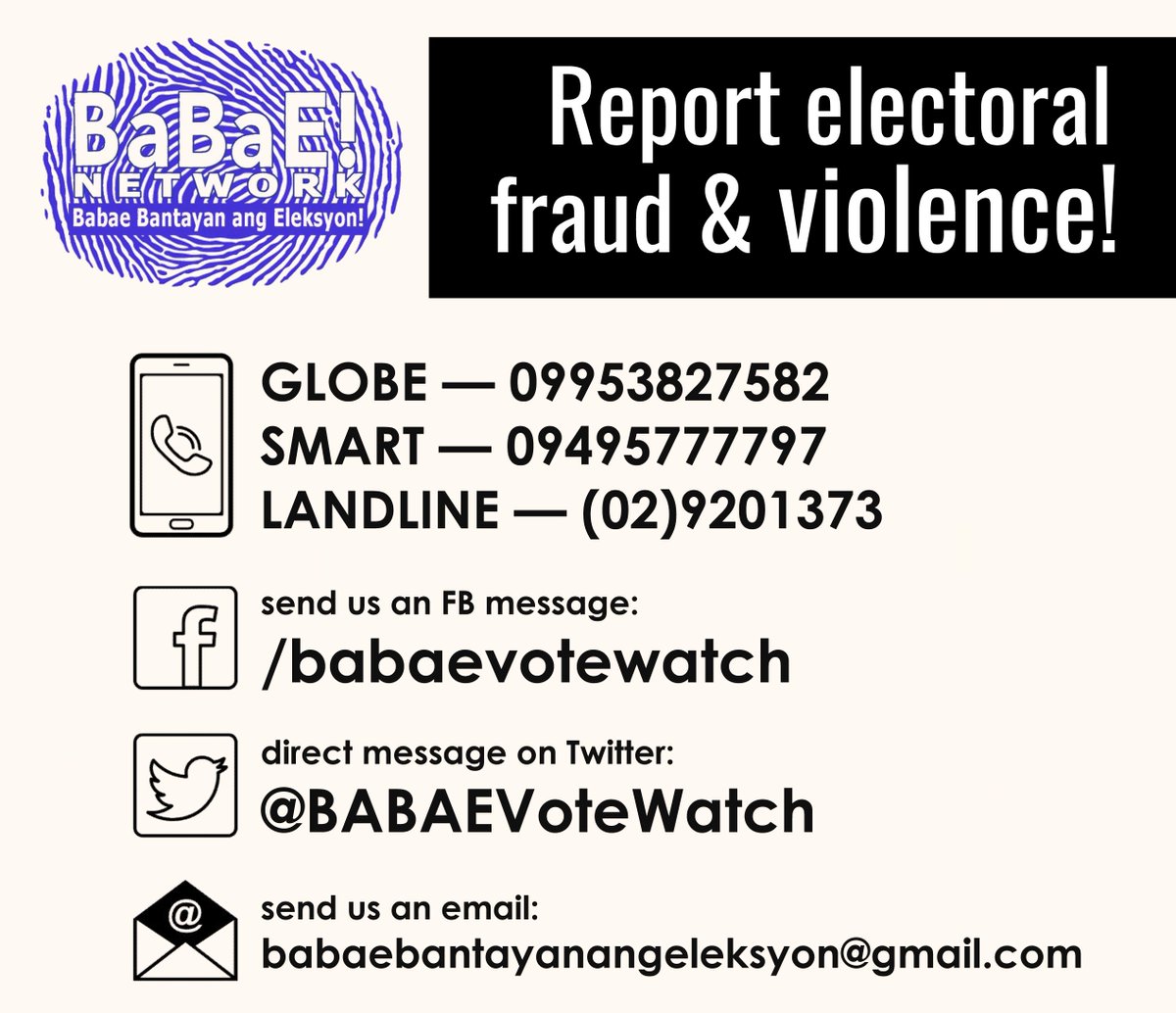 BABAEVoteWatch's tweet photo. Report cases of electoral fraud and violence! https://t.co/DivzZzeGo2