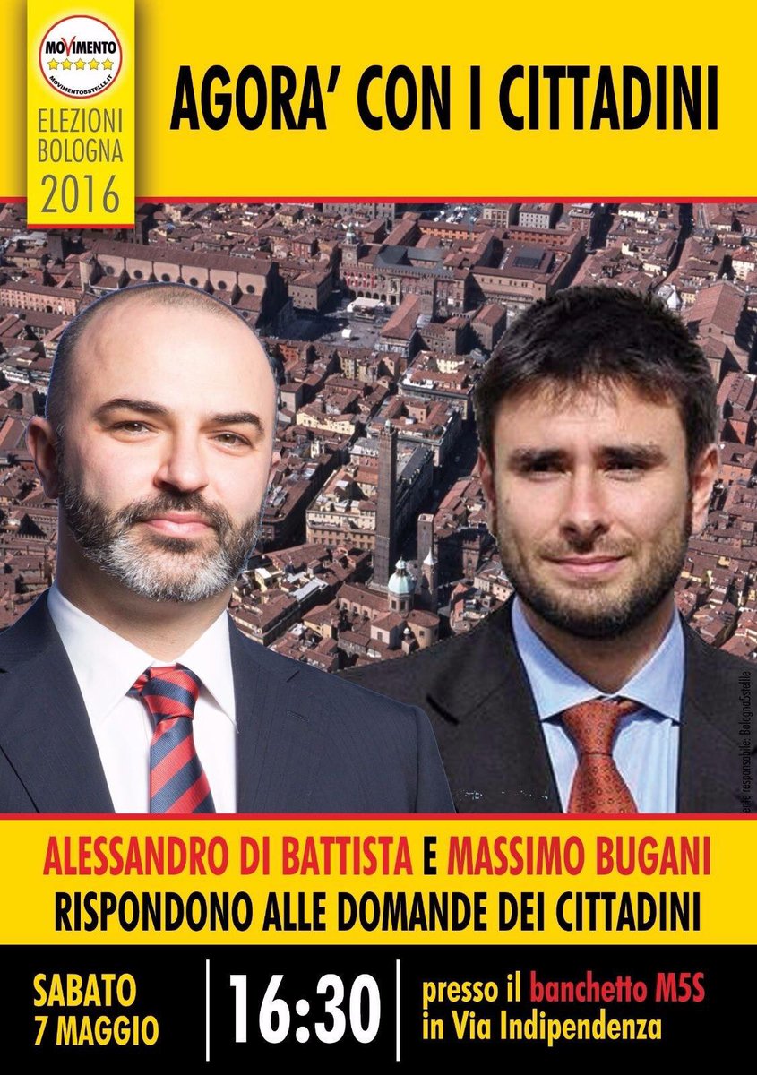 MassimoBugani's tweet photo. Sabato 7 ore 16:30 al banchetto #M5S in via Indipendenza #Bologna agorà con i cittadini e con @ale_dibattista https://t.co/vvLS6Od6k1