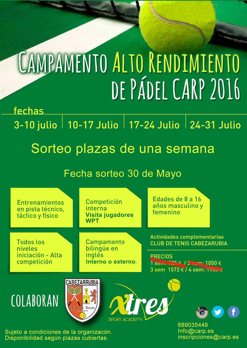 Entra en el sorteo de una plaza para el #carp2016 Síguenos y RT  #sorteocarp #padel #menores info@carp.es