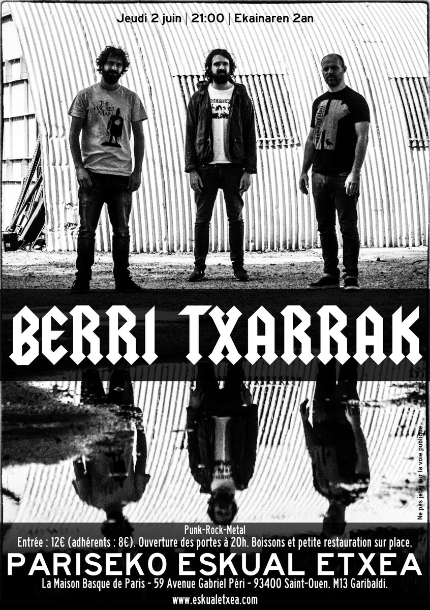 Le groupe de rock <a href="/berritxarrak/">Berri Txarrak</a> sera en concert à la Maison Basque de Paris le 2 juin!Venez!
facebook.com/events/4936279…