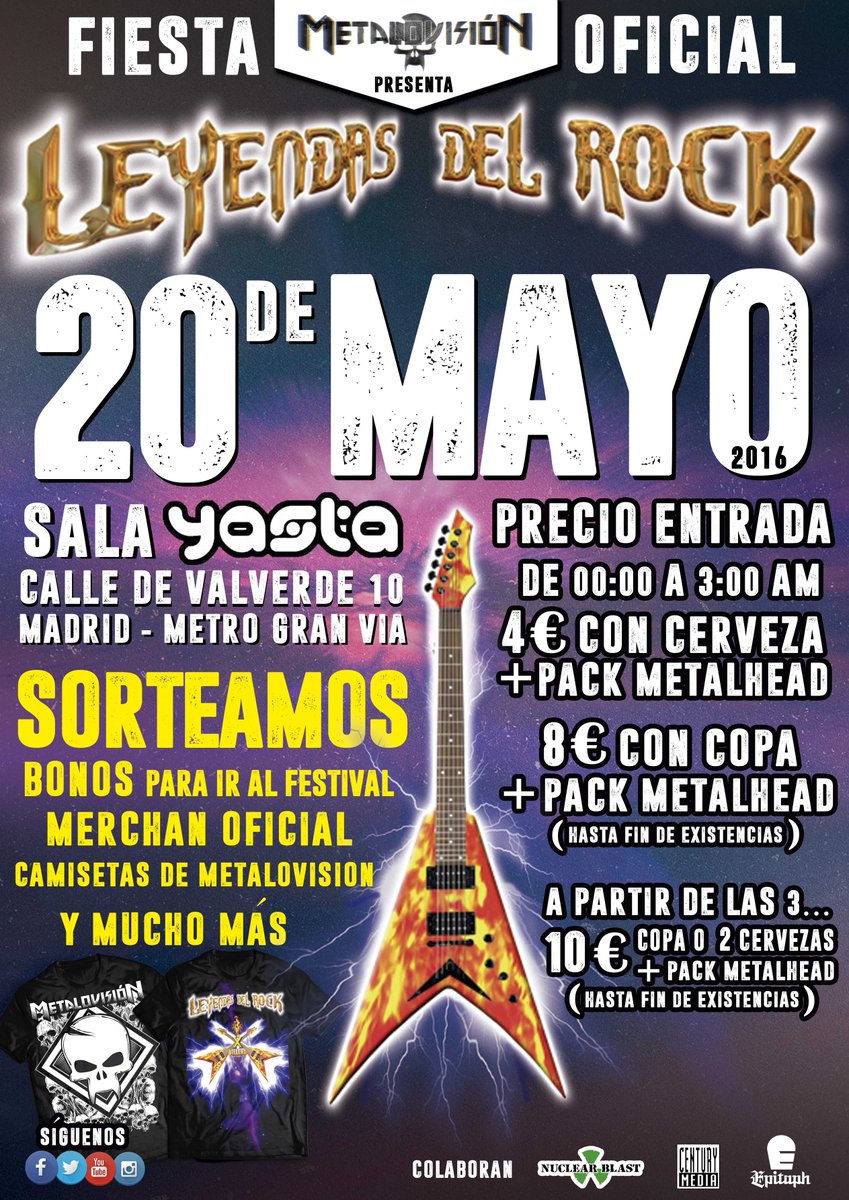 ¡FIESTA OFICIAL <a href="/LeyendasRockFes/">Leyendas del Rock</a> 2016 by MOV!
¡Sorteo abonos, merch y más!
El 20 Mayo 00h. En @ya_staclub Madrid.