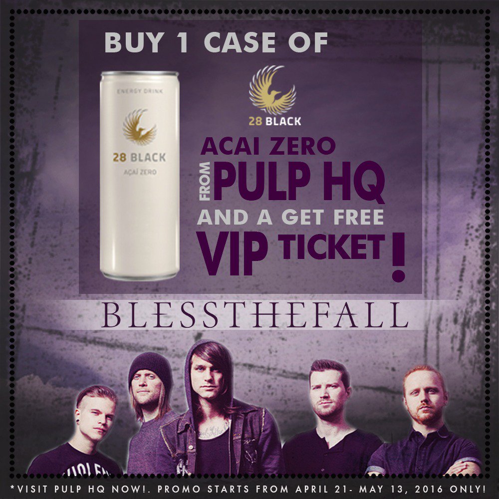28Philippines's tweet photo. Get a FREE VIP Ticket to #BlessTheFallAtSKYDOME! Simply visit PULP HQ and buy 1 case of 28 BLACK Acai Zero! https://t.co/M2RSeX4sOx