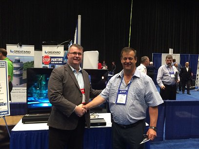 OWWEA's tweet photo. Incoming EA president @metconmike presents tradeshow closing grand prize to Gary Lavigne #water16 #curveTV #starwars https://t.co/F7AuxsqxUE