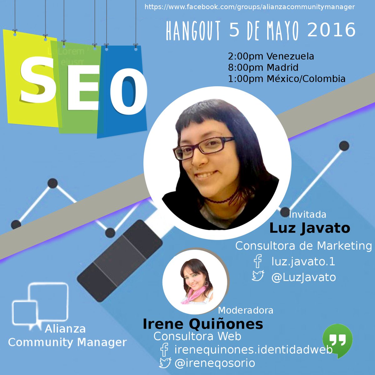 ireneqosorio's tweet photo. Amigos este jueves 5 de mayo tenemos #Hangout sobre "Fundamentos de #SEO" con @luzdesdemadrid #CommunityManager https://t.co/nDI9d8c6t1