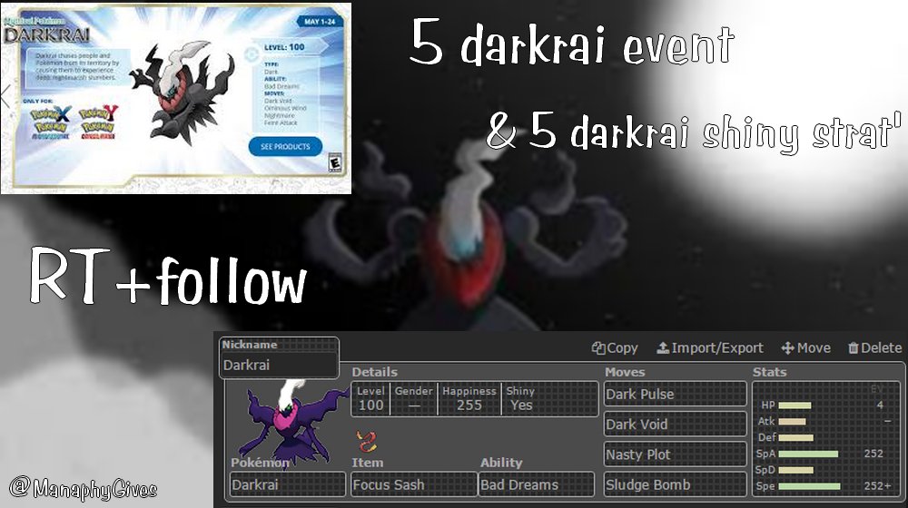 _Lyus's tweet photo. 🎁RT+follow pour tenter de gagner un Darkrai !  🎁

10 gagnants !  🎉

Bonne chance ! #ManaGA #concours #Pokemon20 https://t.co/JKGRv6fLBv