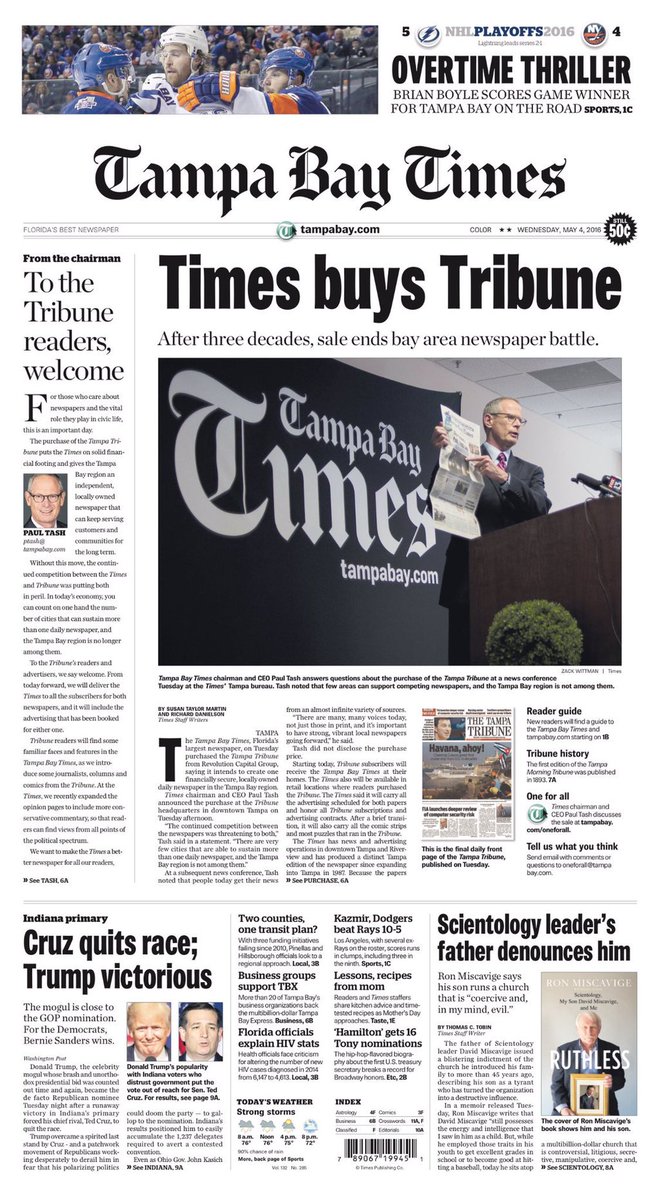 TB_Times's tweet photo. Today's 1A | Tampa Bay Times purchases Tampa Tribune » https://t.co/ZmFiRc9vUT https://t.co/LX7WgFHXAt