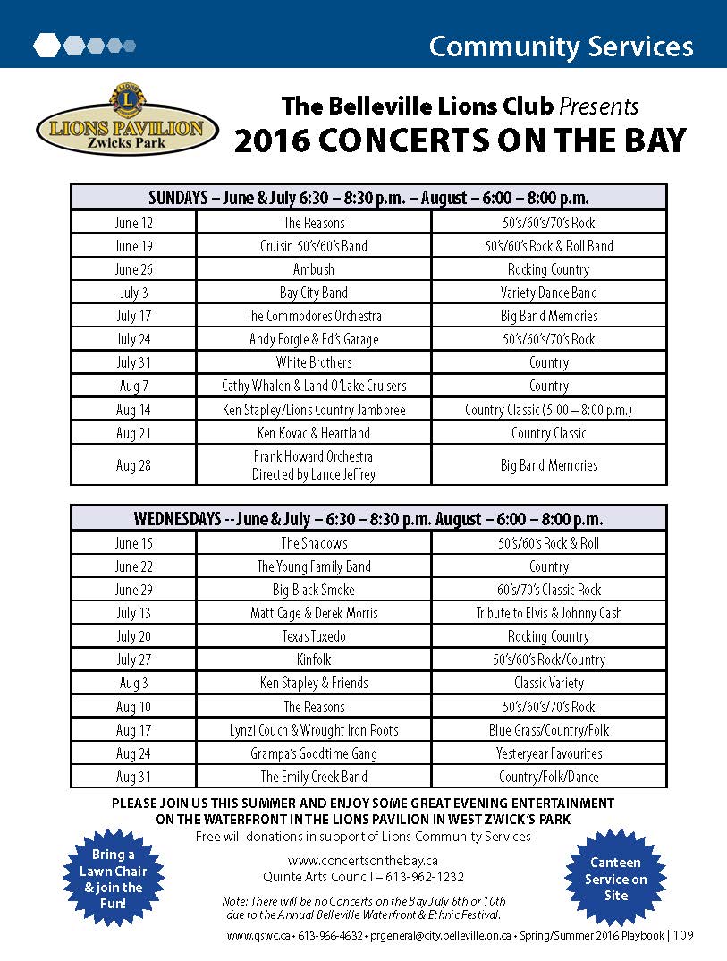 BellevilleON's tweet photo. 2016 Concerts on the Bay schedule is out. Another great outdoor concert series ahead. Don't forget your lawn chair! https://t.co/C3CwdjFC9i