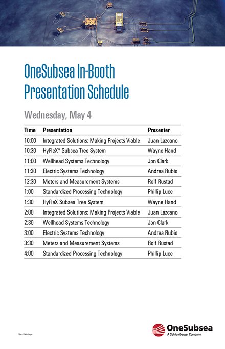Cameron_Intl's tweet photo. Stop by booth 3527 at #OTC2016 today to see today's OneSubsea technical presentations! https://t.co/wunse0pu45