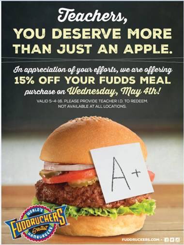 ABQFUDDS's tweet photo. Today 5/4, Fuddruckers honoring our teachers with 15% discount. https://t.co/l2n1UwsX8f