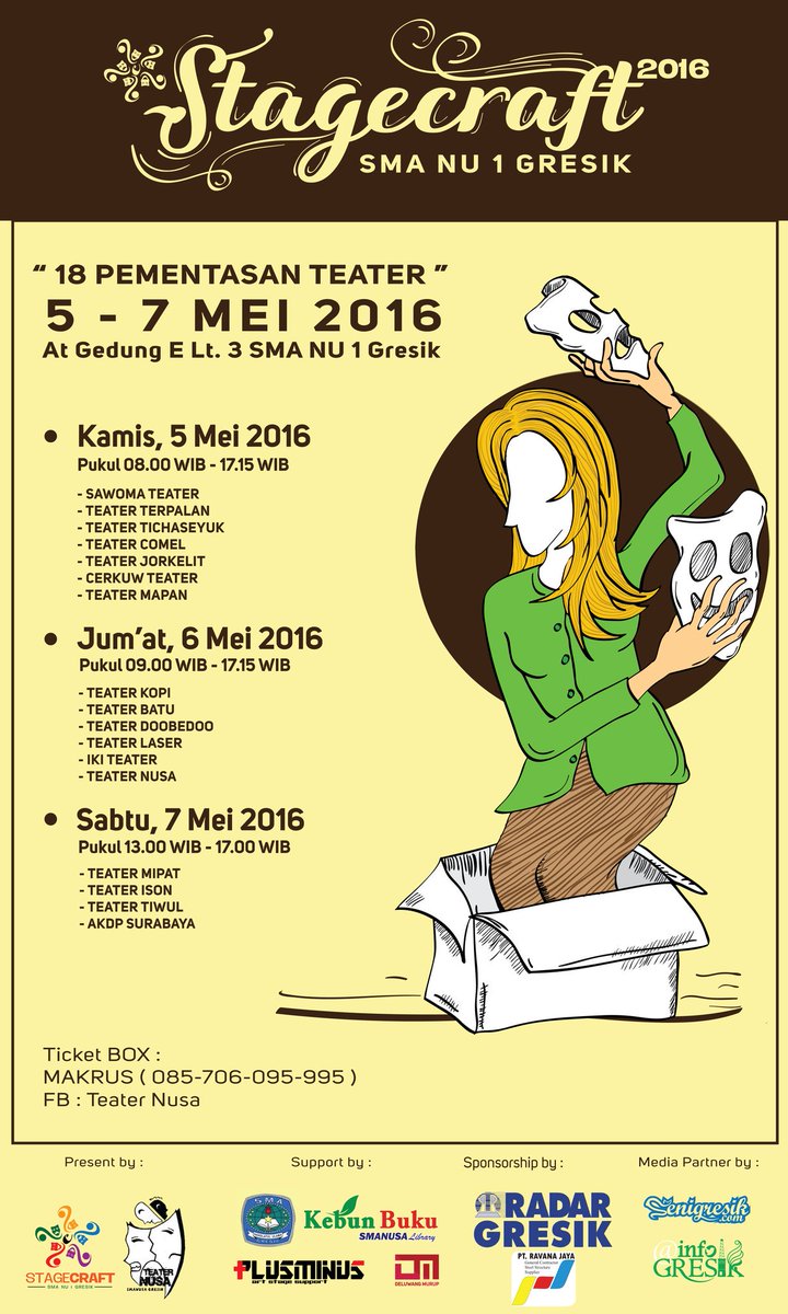 Jangan lewatkan Stagecraft 2016 Parade Teater SMA NU 1 Gresik. 5-7 Mei 2016 di Gedung E Lt. 3 SMA NU 1 Gresik.