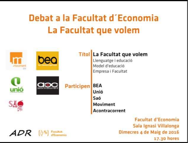 Recuerda que esta tarde nuestro Presidente @klaus_u_b participará en el debate "La facultat que volem"¡Te esperamos!