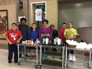 Future and current LHS Transition Services student workers prepared coffee service for a Teacher Appreciation event