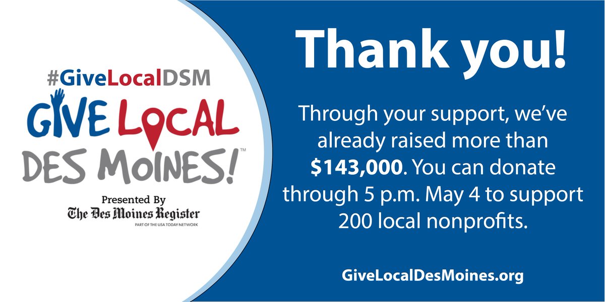 DMRegister's tweet photo. Despite #GiveLocalDSM glitches, you helped us raise more than $143k. TYou can still give at https://t.co/BEKGDLQgCx https://t.co/dCDQGP9OxL