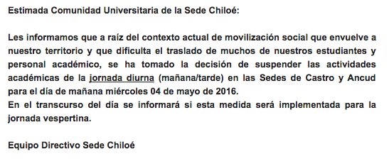 _ulagoschiloe_'s tweet photo. Estimada comunidad Universitaria se informa respecto a suspensión de clases para el día de hoy. https://t.co/0RzjWZcRLP