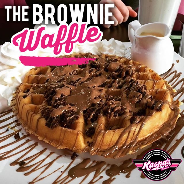 Kaspas Desserts On Twitter Fresh Waffle Topped With Fudge Brownie Pieces Drizzled With Warm Belgian Chocolate Sauce Topped With Pouring Cream