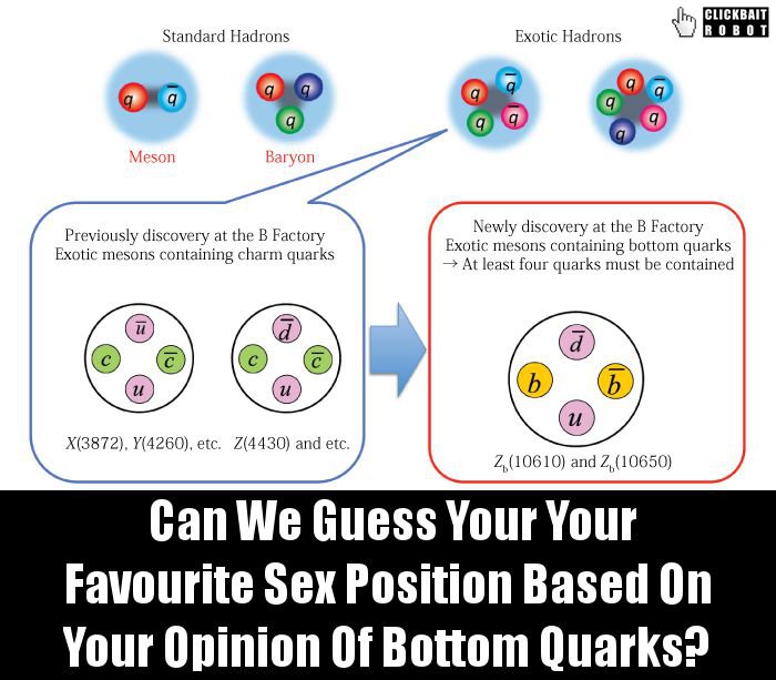 clickbaitrobot's tweet photo. Can We Guess Your Your Favourite Sex Position Based On Your Opinion Of Bottom Quarks? #BottomQuarks https://t.co/vOhg3SNYBQ