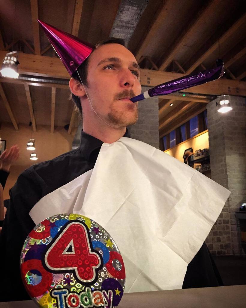 velvettrumpet's tweet photo. VT's 4th Birthday.
#velvettrumpet #theatre #london #comedy #birthday #four #4 #dinner #party #partyhat #partyblower… https://t.co/D4LNElcNgN
