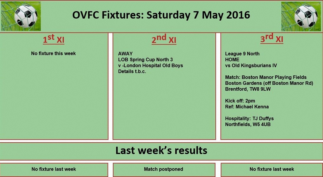 OVFootballClub's tweet photo. OVFC FIXTURES 
SATURDAY 7 MAY https://t.co/n37jVREFIb