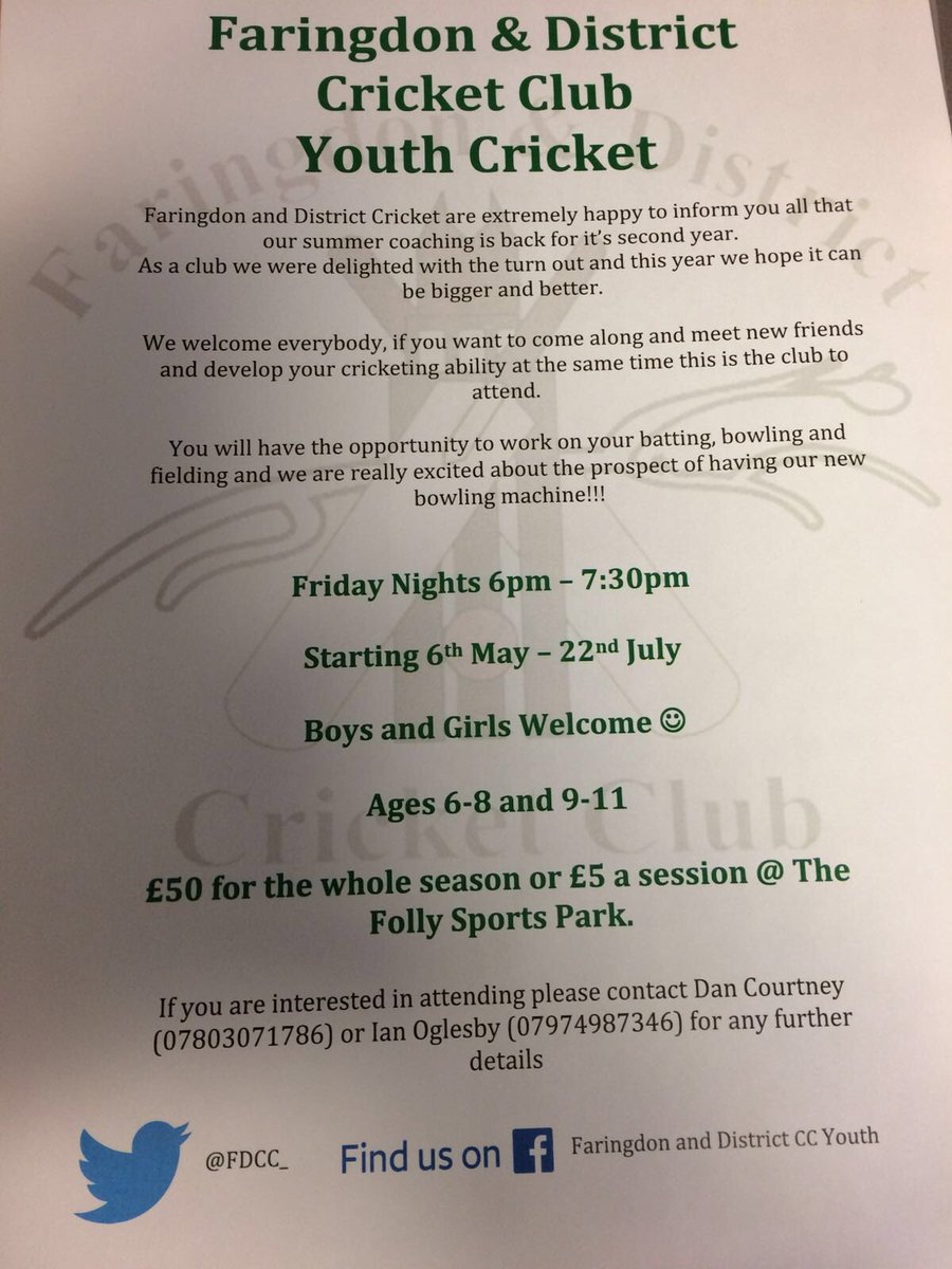 FDCC_'s tweet photo. A reminder that Youth Cricket starts this Friday https://t.co/Q4v74O33TC