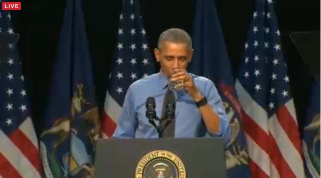 WLNS's tweet photo. "I really did need a glass of water, this is not a stunt" #ObamaFlint Watch live: https://t.co/xEvv4kamMK https://t.co/KGpEvSV0Hg