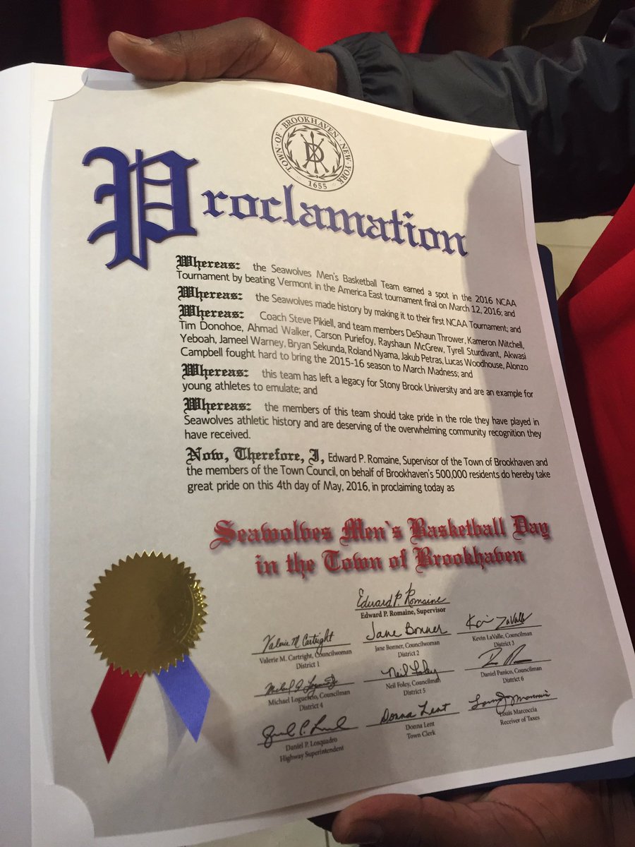 SBAthletics's tweet photo. The Town of Brookhaven presented the team with a proclamation declaring May 4th "Seawolves Men's Basketball Day"! 🏀 https://t.co/rZRSFVRmbK