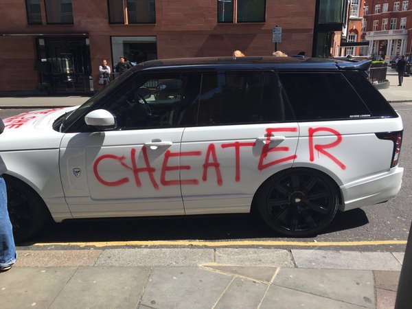 Someone's hacked off! Car outside Harrods also sprayed with 'I hope she was worth it'.  (pic: <a href="/ingridmileyRTE/">Ingrid Miley</a> )