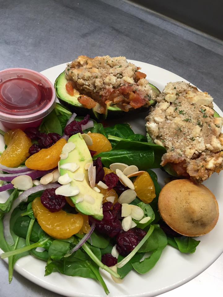 Our Hot Entree Today ls Stuffed Avocado with Cranberry Orange Spinach Salad.....YUMMY