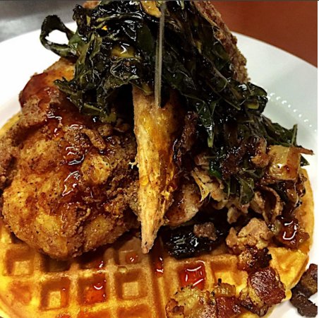 IamEricaBarrett's tweet photo. This happened yesterday! Cornbread waffles with Fried Chicken and Bacon Butter Collard Greens. #EricaBarrett https://t.co/EWOS8qiAWo