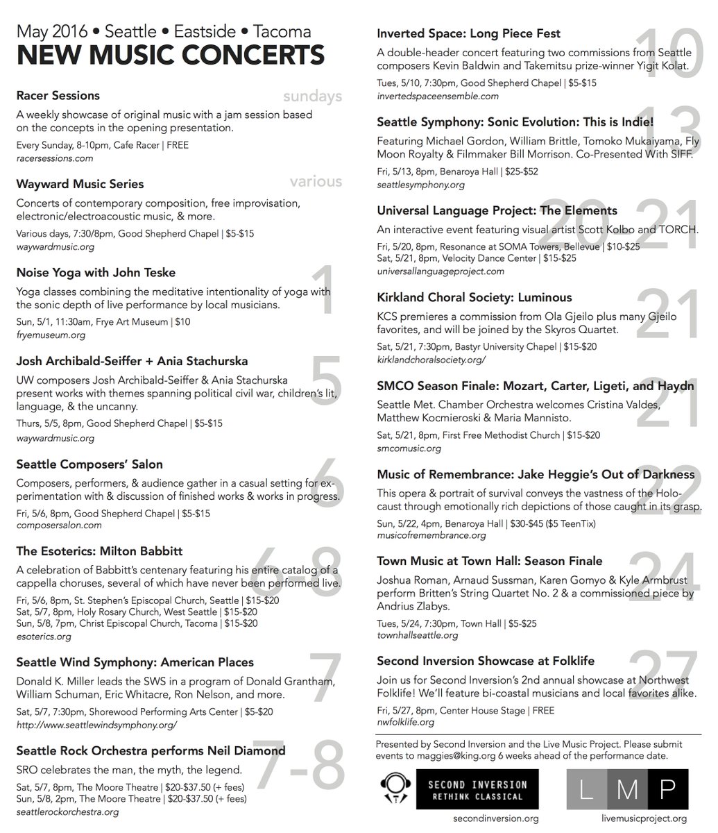 secondinversion's tweet photo. May #newmusic galore via SI/@LiveMusicProj: @SMCOrchestra @THSEA @NWFolklife @UnivLangProj! https://t.co/Y8vqO9N0eS https://t.co/BaDTYsydcW