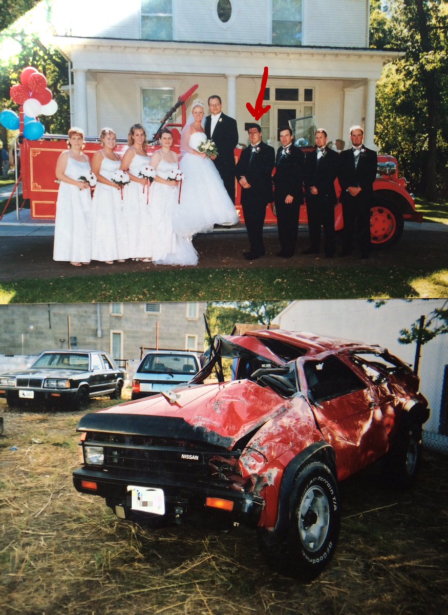 PhotogEric's tweet photo. @TheBertShow Had an accident on the way to my brother's wedding. Made it just in time to be the best man #facebusted https://t.co/dG7ToFd7Sx