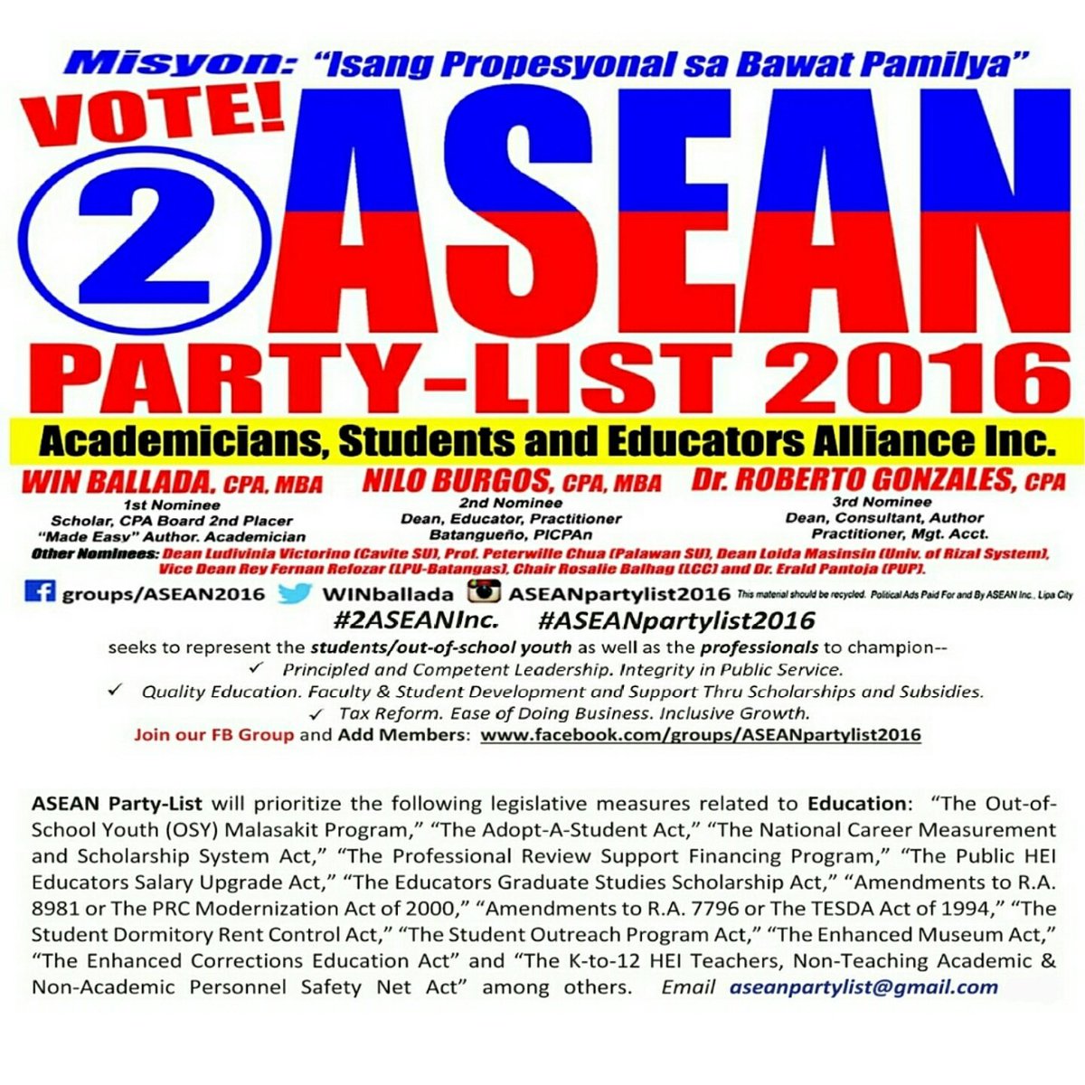WINballada's tweet photo. #ThisTimeNumber1 Congrats!
Pls. Vote #2ASEAN for Partylist. 
Quality Education, Tax Reform, Inclusive Growth. https://t.co/Km24Mht8V1