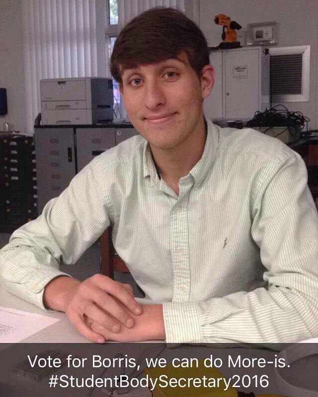 FreidinMorris's tweet photo. Who is on #teamborris ? Vote Morris Freidin for student body secretary. https://t.co/K4IvKi8pWL