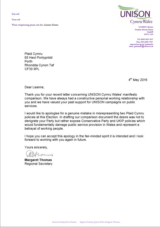 Unison has apologised for misrepresenting our policies in their recent leaflet. Please spread the message #Plaid16