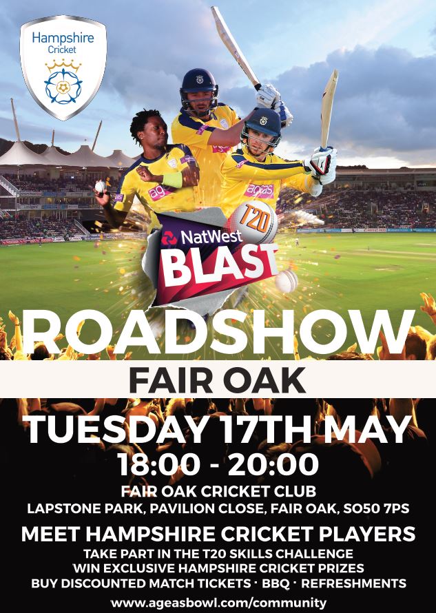 HampshireCB's tweet photo. Coming to #FairOak: the @hantscricket @NatWestT20Blast Roadshow hosted @FairOak_CC
Meet the players #CricketFamily https://t.co/vHby5KgJJ4