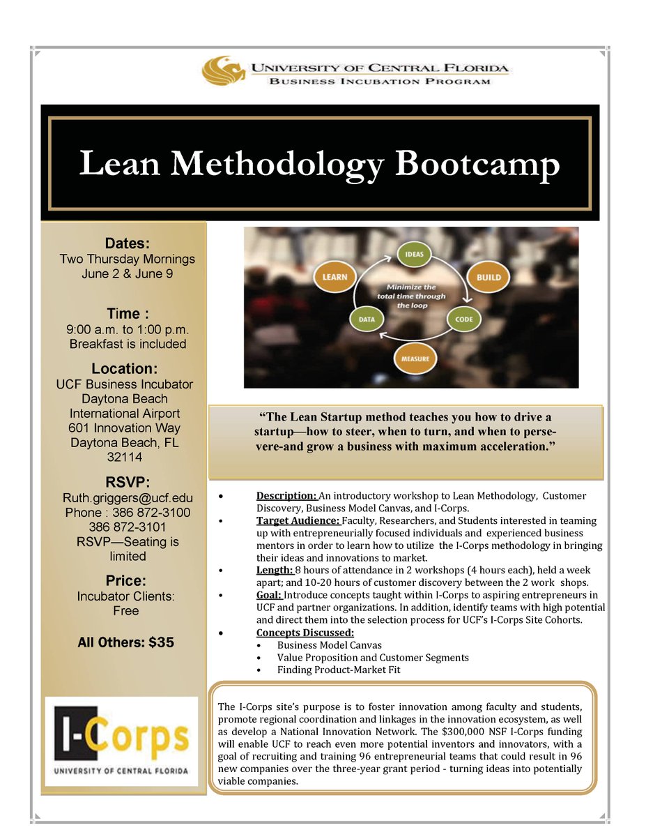 UCFIncubatorVC's tweet photo. Learn Lean Get Lean! #LeanStartupBootcamp #Daytona #Volusia June 2 and June 9th! Don't Miss! Say no to #FOMO! https://t.co/HeeyvnW8nQ