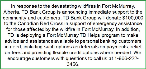 TD announces a $100,000 donation in support of Fort McMurray go.td.com/1NWApnN