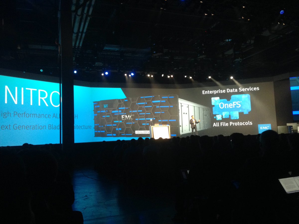 ryanlmharris's tweet photo. #allflash #scaleout #nas announced by @cj_desai at #EMCWORLD #projectnitro 1.5tb/s bandwidth 400nodes https://t.co/2VACcZDD8x