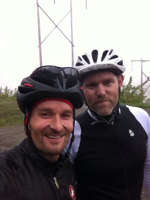 nedbell's tweet photo. Wicked windy rainy cold but awesome ride up Seymour early this morn with this guy! #chefsride #johnclark https://t.co/xe3aIRkLLA