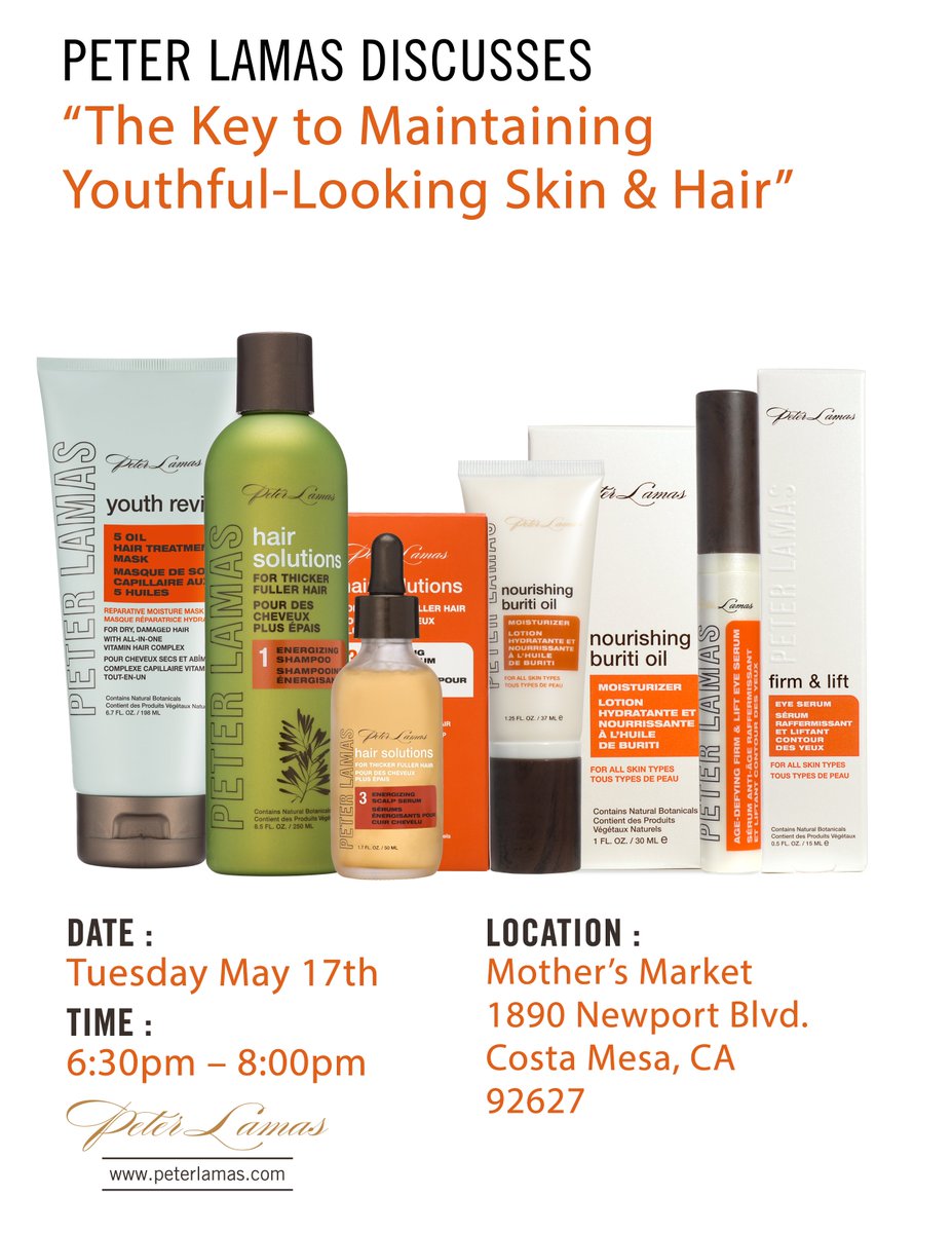 Peter_Lamas's tweet photo. Join me on May 17 in Costa Mesa as i talk about secrets to maintaining youthful skin &amp; hair! @MothersMarkets https://t.co/rMytiPtUGn