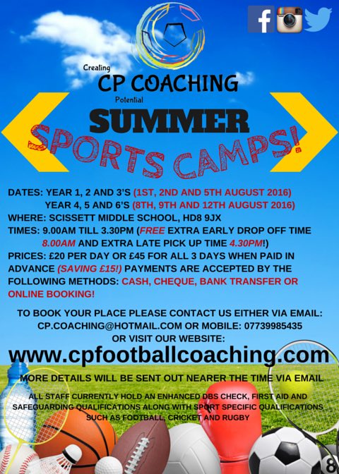cp_coaching1's tweet photo. 1/2💥SUMMER CAMP💥 flyers will be coming home in reading bags or via parent mail next week! 👍🏻 #cpcoaching https://t.co/ti4wP35toM